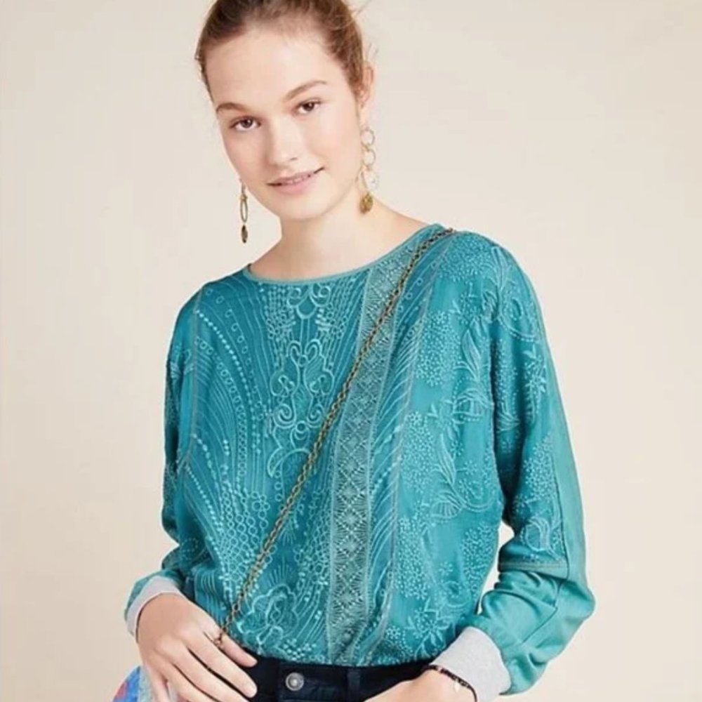 NWT Anthropologie Teal Green Tiny Kate Lacey Boho Batwing Embroidered Top Sz M